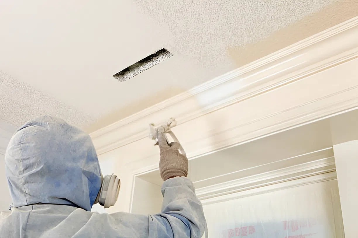 Expert painter in Richmond, VA, in protective gear, spraying primer on a ceiling after popcorn texture removal