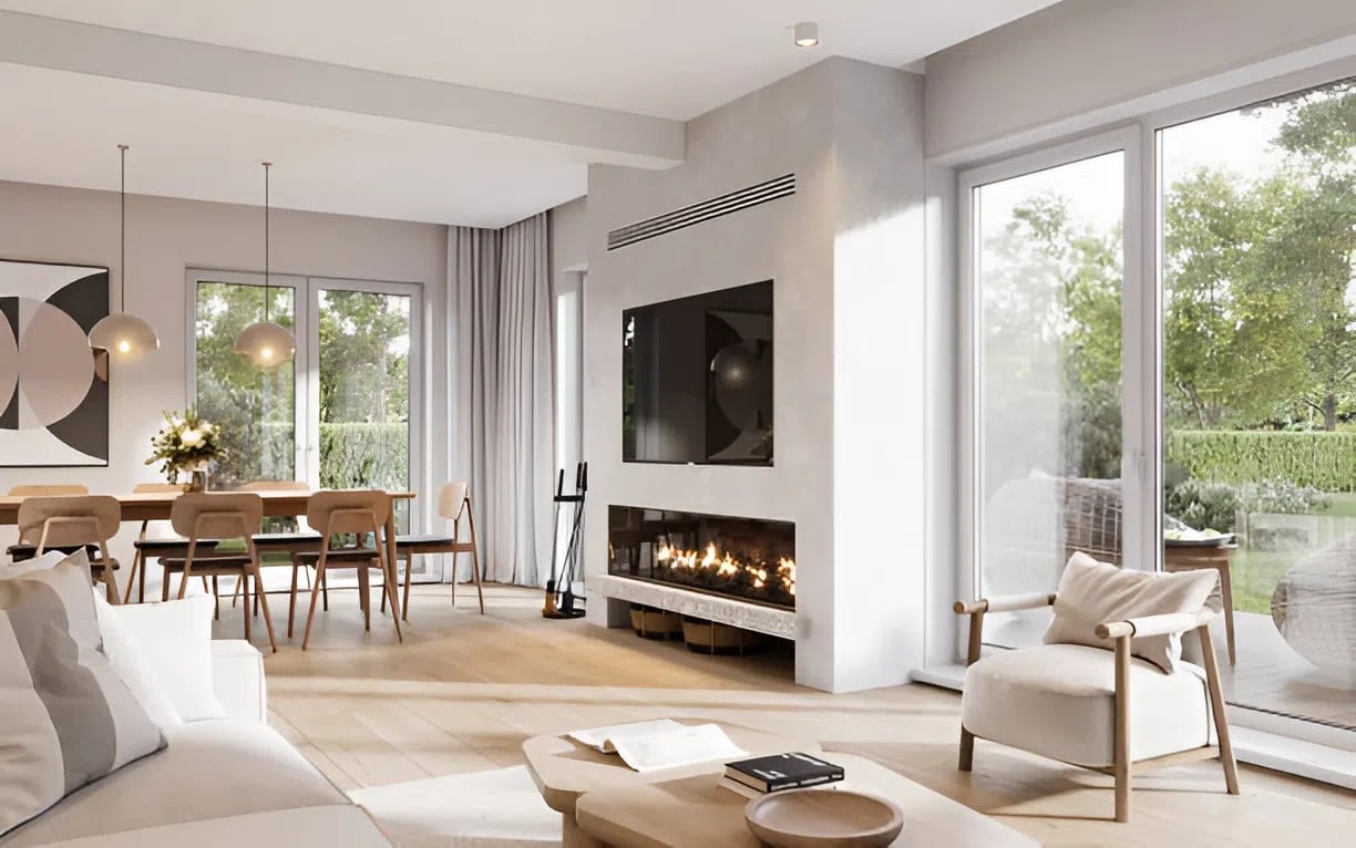 Modern living room with a neutral interior color palette and natural light