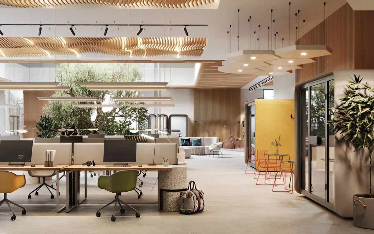 Modern office with smooth, warm white walls, and soft beige tones by a commercial painter in Richmond, VA