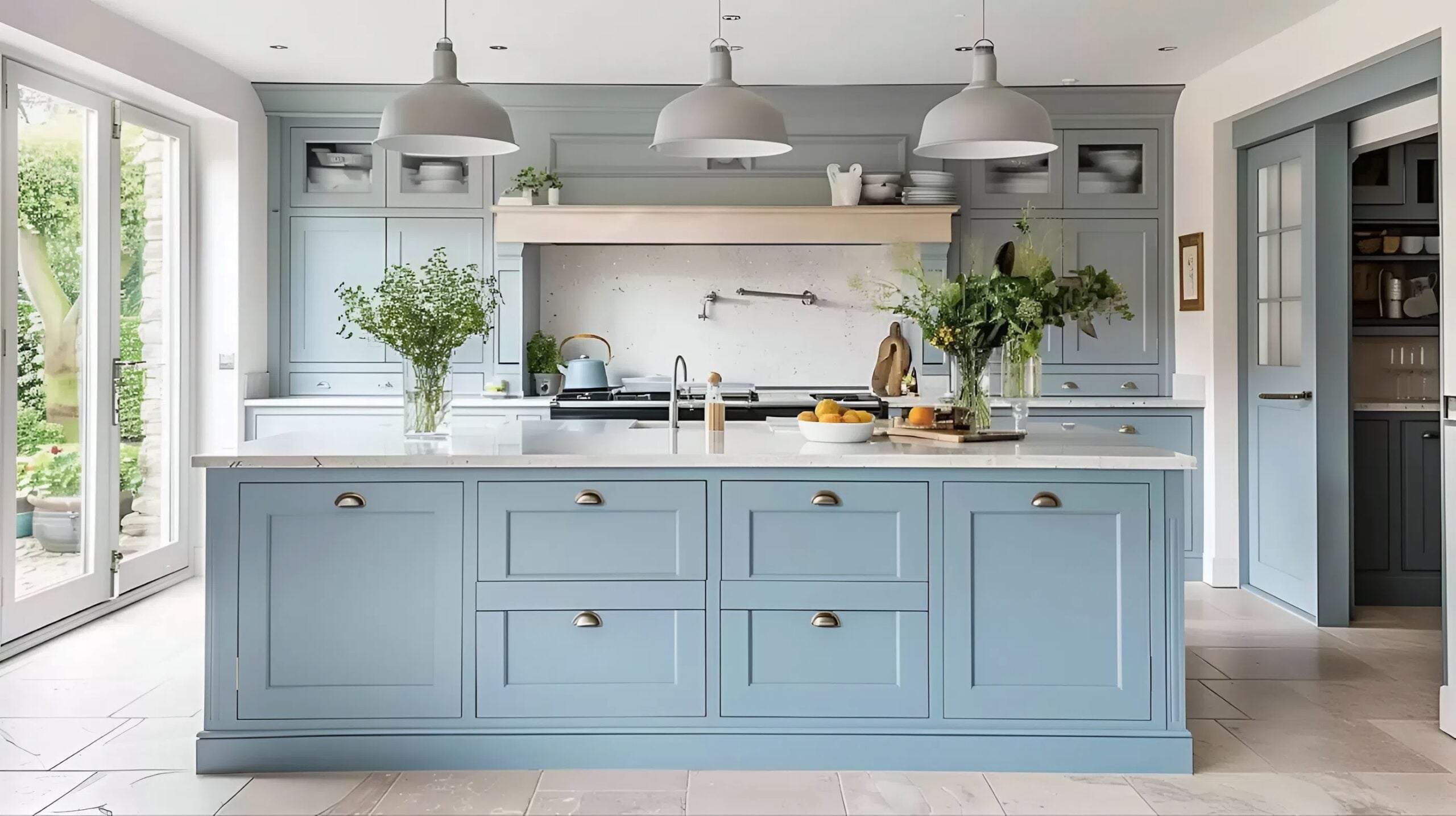 Freshly painted soft blue kitchen cabinets with smooth, even finish, highlighting professional cabinet refinishing