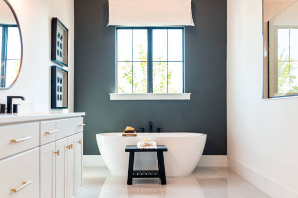 Soft gray and crisp white walls with moisture-resistant satin finish paint by a painter in Henrico County, VA
