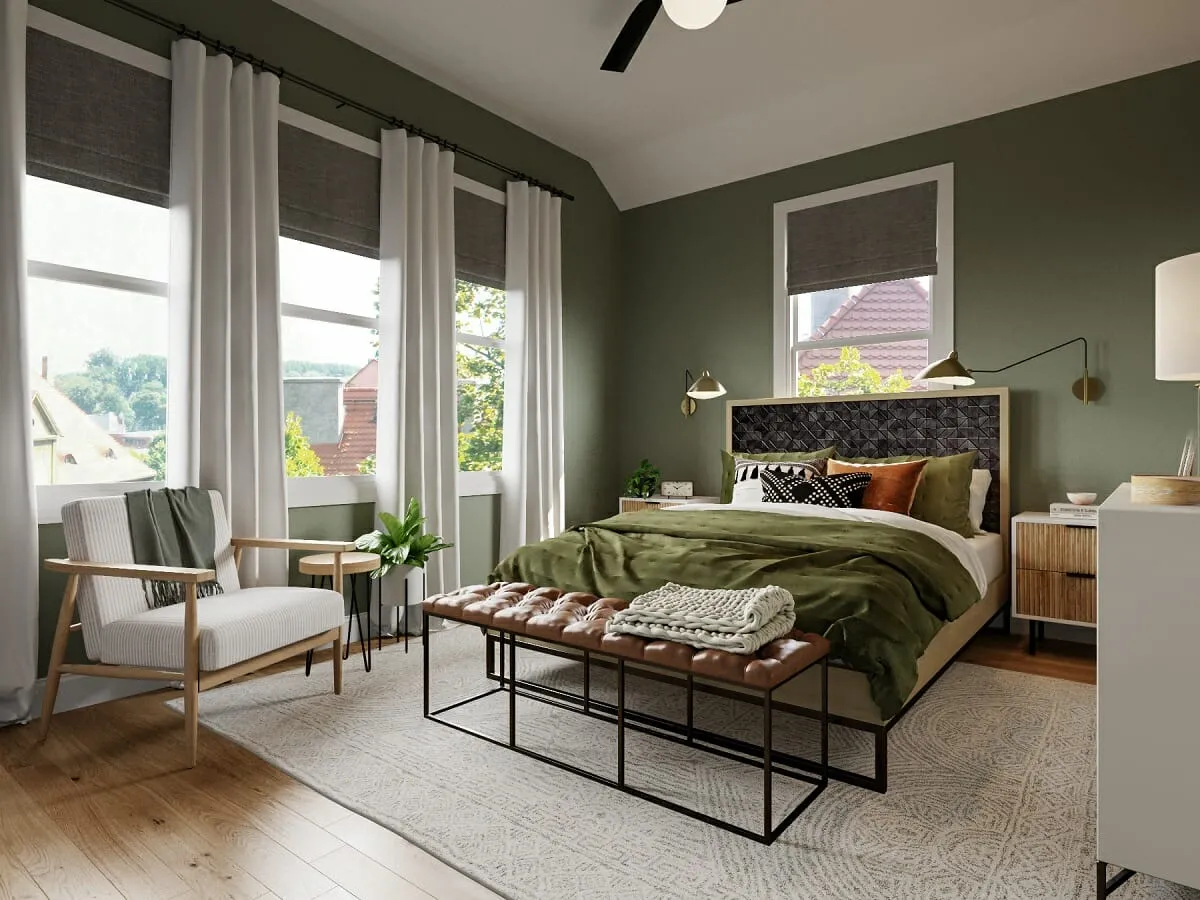 Bedroom with olive green painted walls and professional finishes by a painting company in Chesterfield, VA