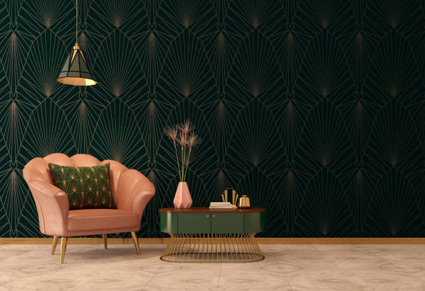 Dark green geometric wallpaper with metallic gold accents by an interior painter in Richmond, VA.