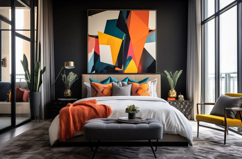 Bedroom with deep charcoal painted walls and a bold accent wall by a painting company in Chesterfield, VA