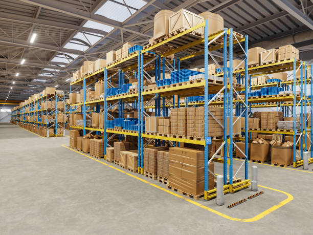 Organized warehouse with industrial shelving, storage racks, and clean concrete floors by a painter in Powhatan, VA.